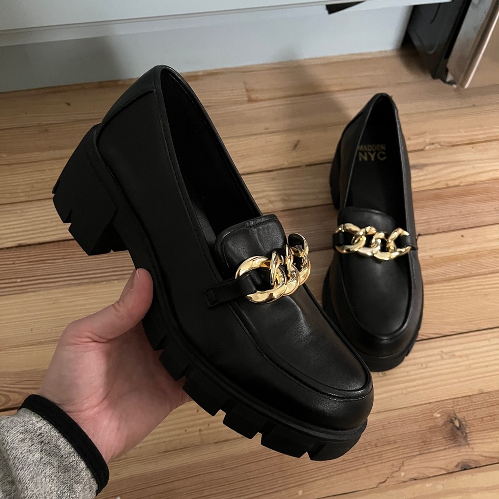 Black Leather Chain-Trim Lug Sole Loafers
